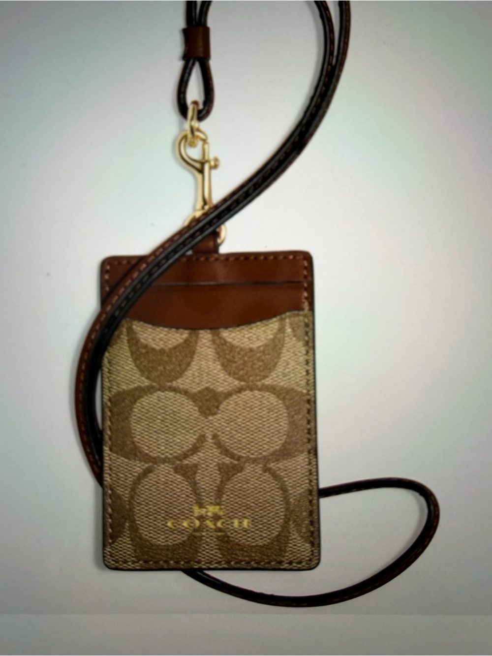 Coach Brown/Tan Signature Card Holder with Lanyard